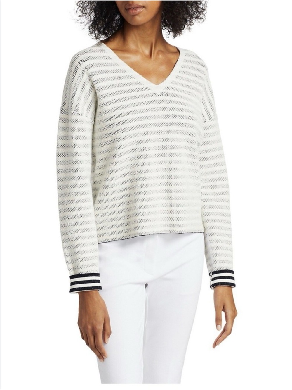 Theory White V-Neck Striped Knit Sweater with Black Cuff Detail